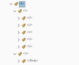 Screenshot of tags pane in Adobe PDF showing an <L> (list) tag nested under another <L> tag, which might signify a structural problem. Ideally an <L> tag should open up to <LI> (list item) tags, not more <L> tags.